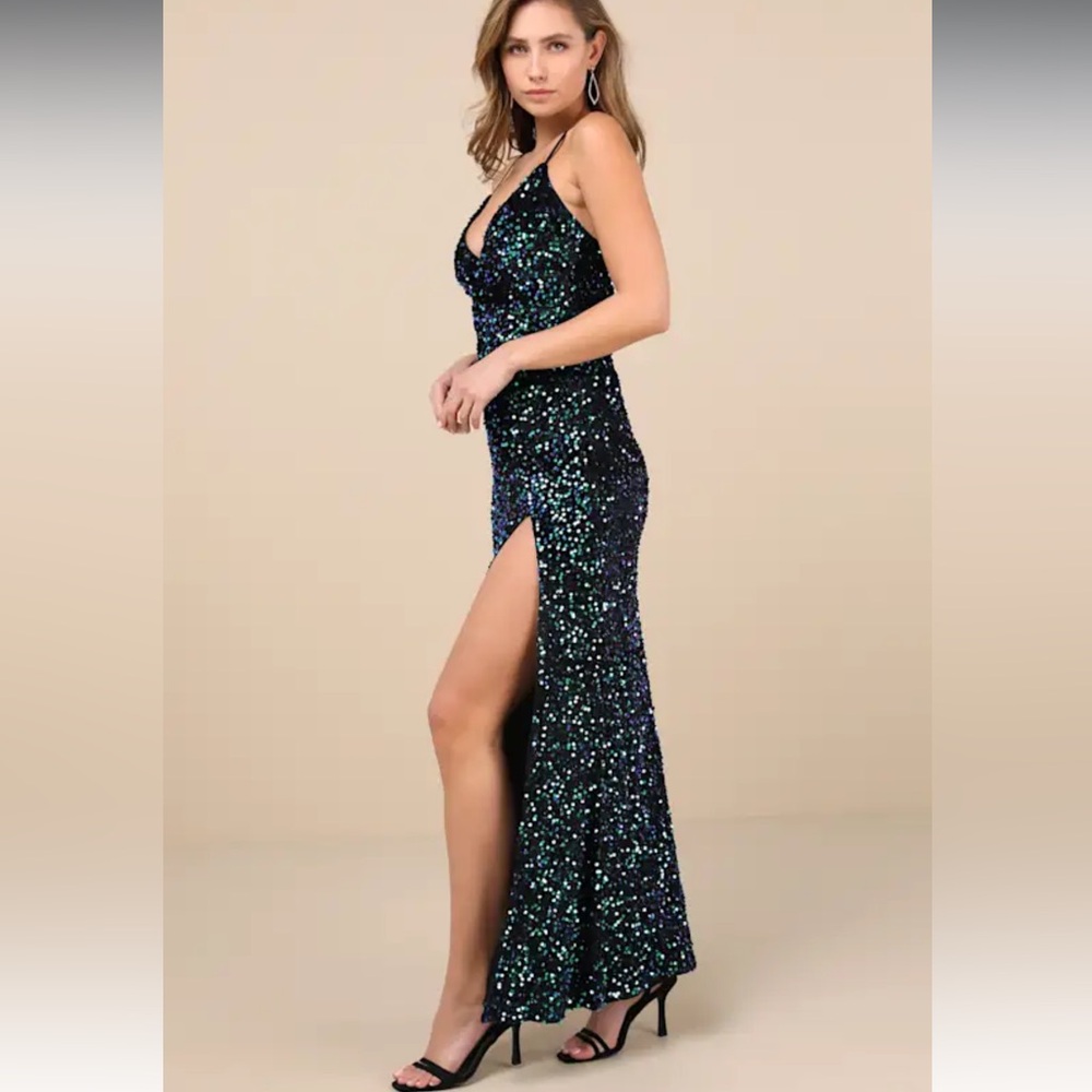 Lulu's Keep it Regal Green Iridescent Sequin Velvet Maxi dress - Picture 2 of 7